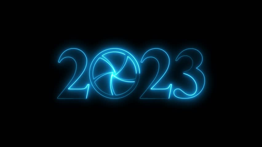 2023 Camera Shutter Animation, Glowing Photography Lens Aperture Year Text Technology Media Intro Seamless Loop Background