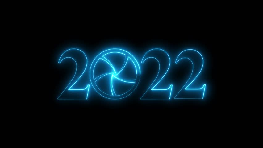 2022 Camera Shutter Animation, Glowing Photography Lens Aperture Year Text Technology Media Intro Seamless Loop Background