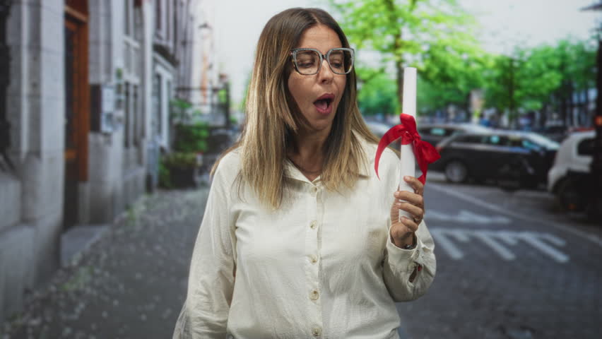Woman holding rolled diploma tied with red ribbon and wearing glasses, mouth open as if exclaiming, standing in a city street by parked cars and stone building; surprise achievement.