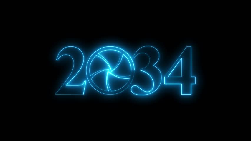 2034 Camera Shutter Animation, Glowing Photography Lens Aperture Year Text Technology Media Intro Seamless Loop Background