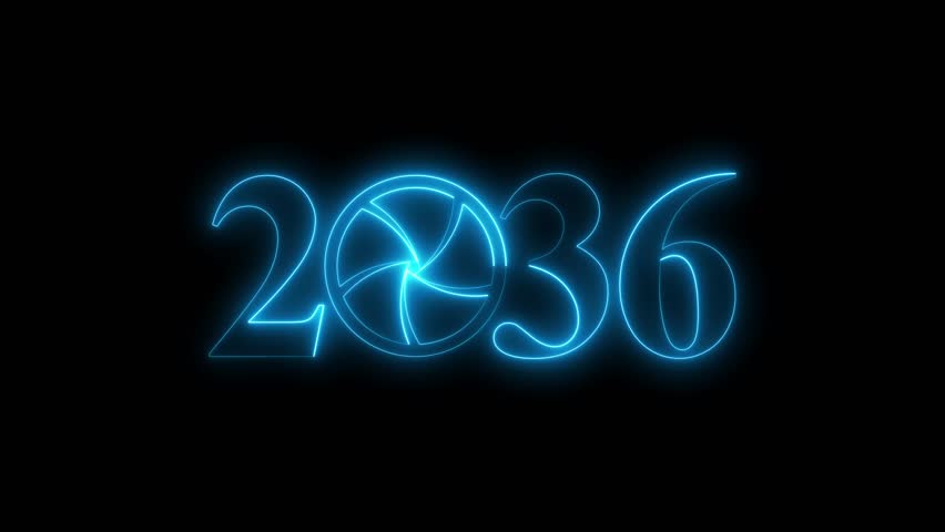 Blue 2036 Camera Shutter Animation, Glowing Photography Lens Aperture Year Text Technology Media Intro Seamless Loop Background