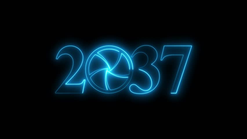 Blue 2037 Camera Shutter Animation, Glowing Photography Lens Aperture Year Text Technology Media Intro Seamless Loop Background