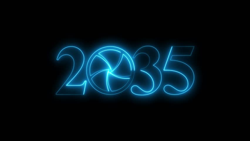 2035 Camera Shutter Animation, Glowing Photography Lens Aperture Year Text Technology Media Intro Seamless Loop Background
