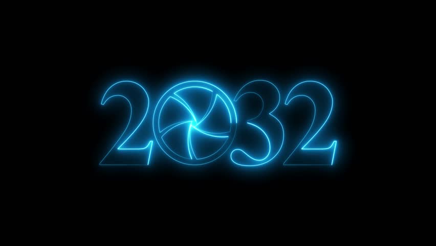 2032 Camera Shutter Animation, Glowing Photography Lens Aperture Year Text Technology Media Intro Seamless Loop Background