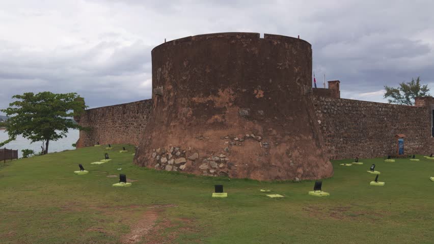 Exterior walls of historic Fortaleza San Felipe, Spanish fortress in Puerto Plata, Dominican Republic. Panning