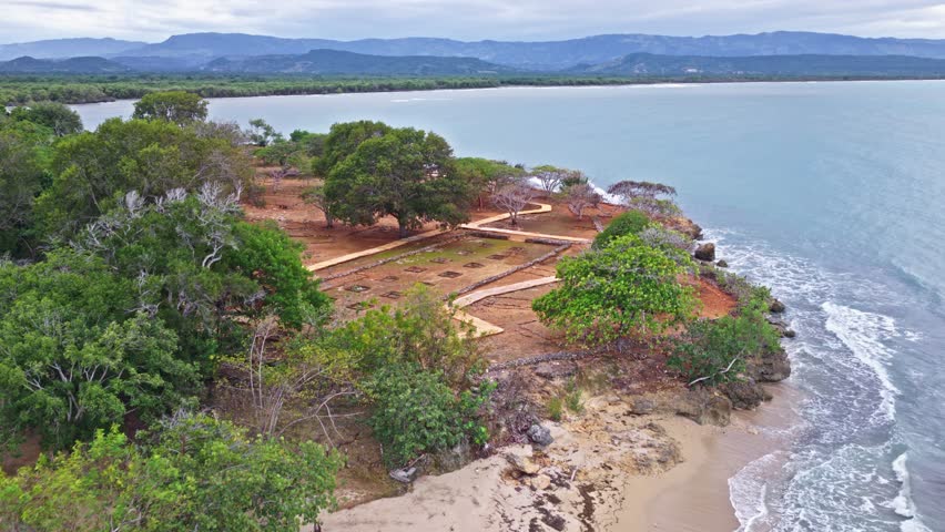 La Isabela historical ruins, first European settlement in Americas by Christopher Columbus, in Puerto Plata, Dominican Republic. Aerial forward