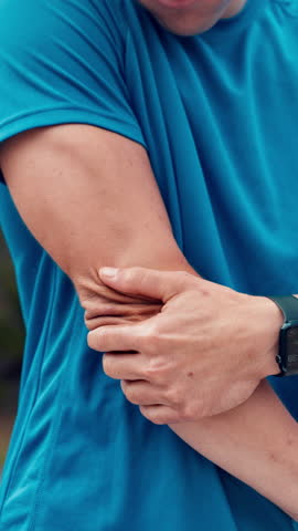 Hands, elbow pain and injury in nature with fitness, joint inflammation and break for exercise in summer. Person, outdoor and arthritis with tendinitis, fibromyalgia and fatigue with trail running