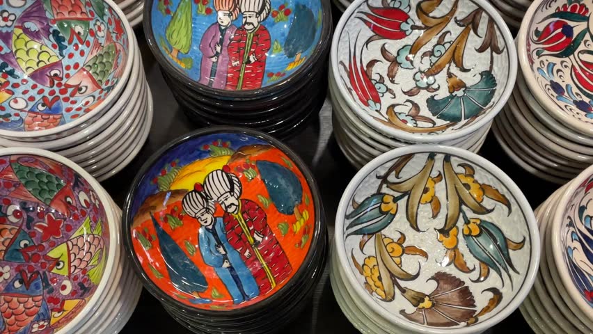 Colorful ceramic plates with traditional Turkish designs displayed in a market setting video