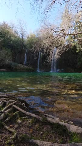 beautiful waterfall flowing through a lush green forest landscape