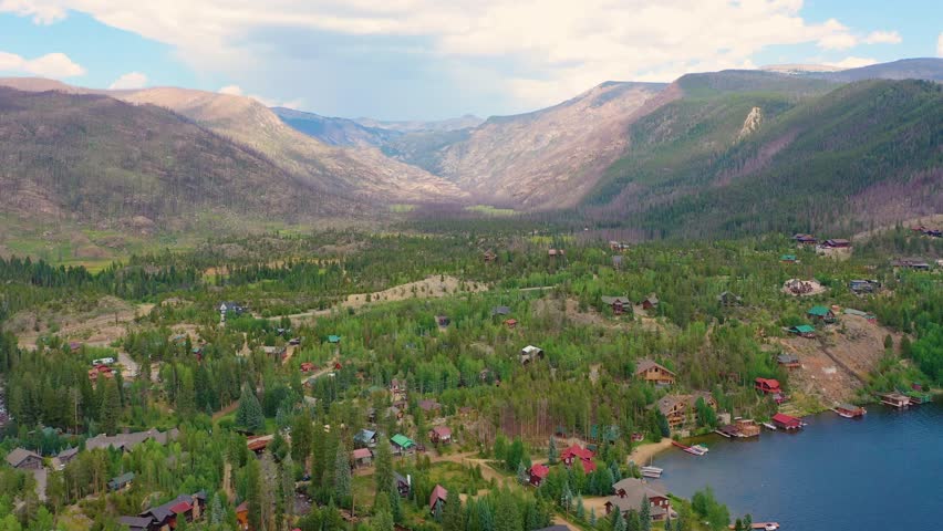 High aerial view of Grand Lake Colorado featuring lakeside cabins, forested hillsides, calm reflective water, and layered Rocky Mountain peaks in clear summer daylight