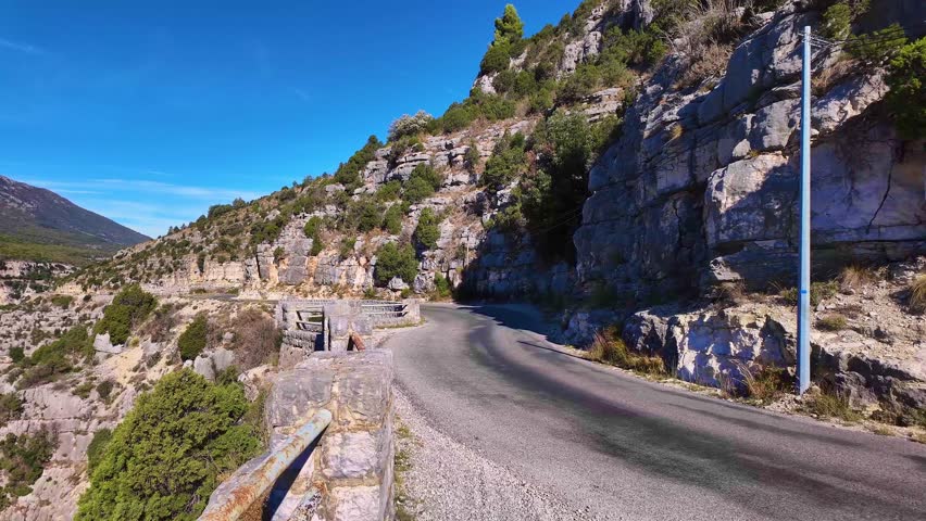 Panoramic road through the largest canyon in Europe, Gorges du Verdon in Provence, France. Landscape of the Gorges Du Verdon in south-eastern France. Provence-Alpes-Cote d