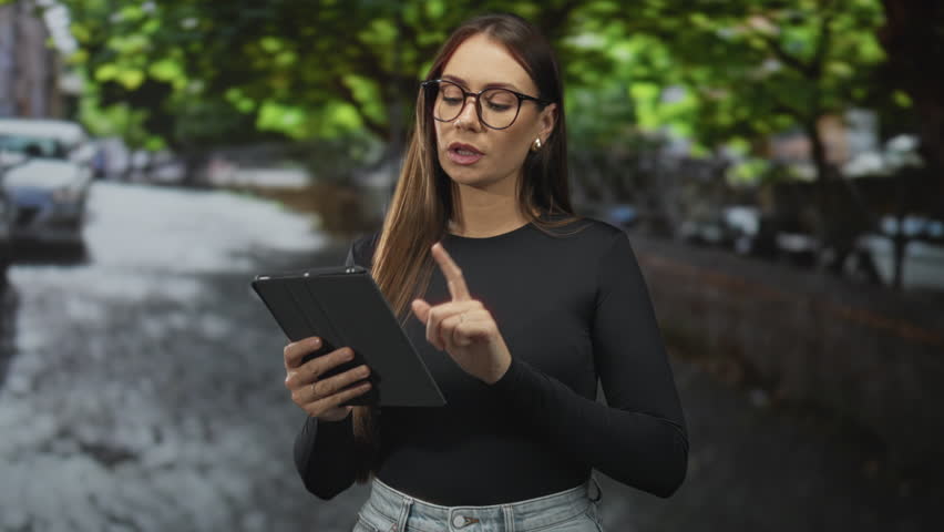 Young woman holding tablet and tapping screen with hand, wearing glasses and jeans, looking pensive in a tree lined urban street; thoughtful focus.