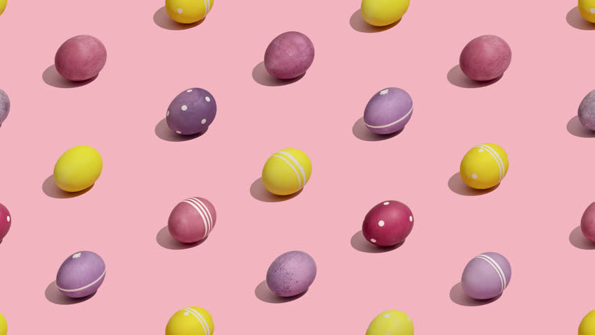 Stop motion animation of colorful Easter eggs pattern on a pastel pink background with a yellow bunny transforming from an egg in the center.
Eggs feature stripes and polka dot patterns in pink, purple, and yellow tones.
Shot in 4K resolution, 16:9 format, 24fps.
Perfect for Easter campaigns, spring social media content, holiday advertising, and seasonal marketing projects.