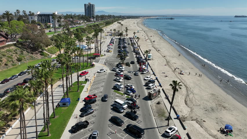Long Beach, California, USA - Aerial View of Downtown Bluff Park and Junipero Beach Parking Lot