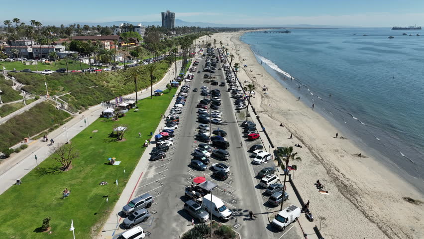 Long Beach, California, USA - Aerial View of Downtown Junipero Beach and Bluff Park Parking Lot