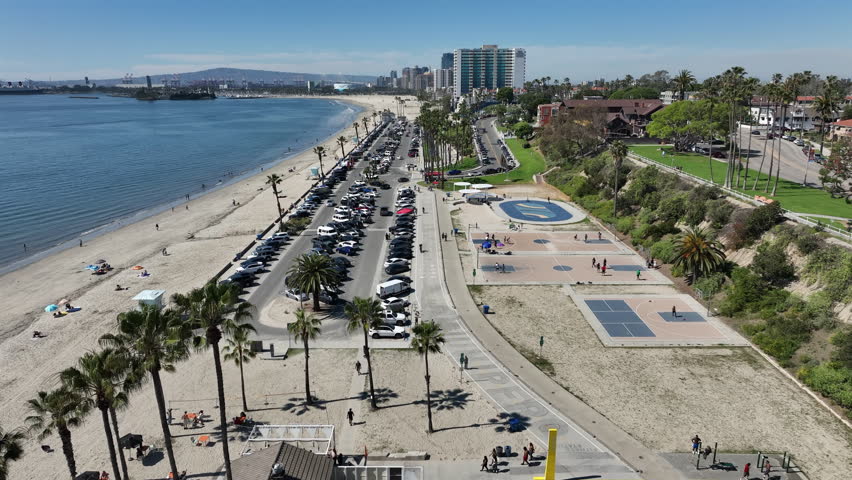 Long Beach, California, USA - Aerial View of Downtown Bluff Park and Junipero Beach With Baketball Court