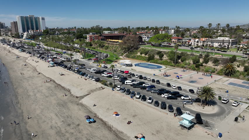 Long Beach, California, USA - Aerial View of Bluff Park Parking Lot, Museum and Restaurants