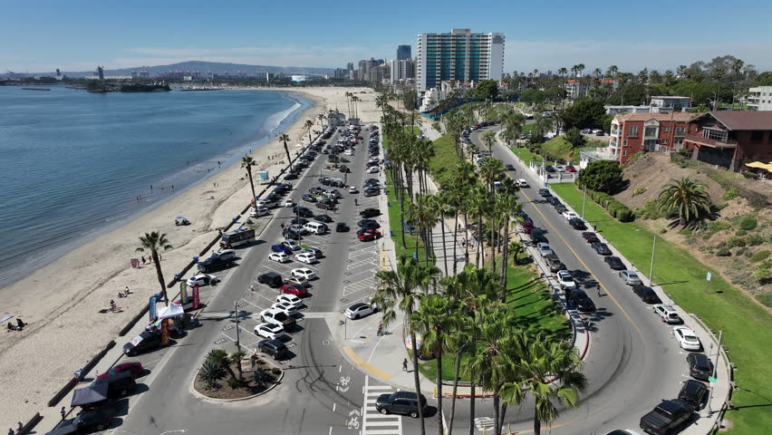 Long Beach, California, USA - Aerial View of Downtown Bluff Park and Junipero Beach Parking Lot on Cherry Ave