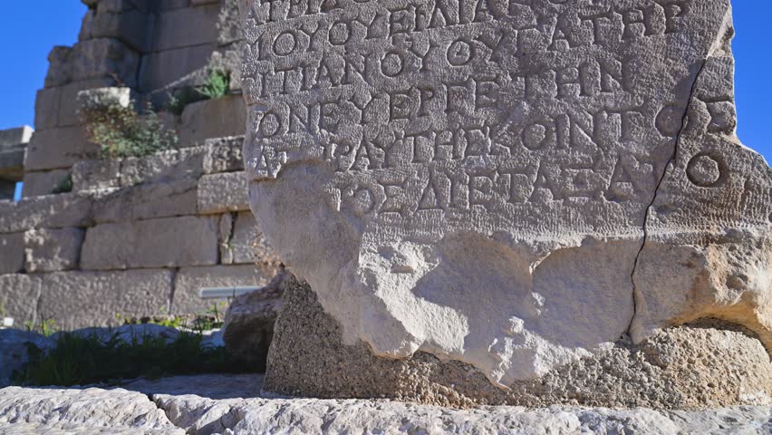 Close up view of an ancient Greek inscription carved into a weathered stone block at the archaeological site of Patara in Turkey