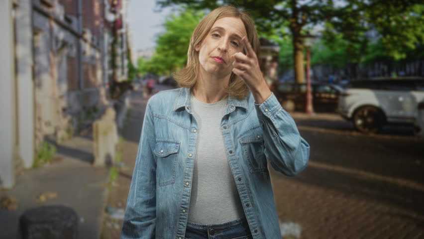 Woman points index finger to temple and gestures with other hand, denim jacket and parked car visible on street; thoughtful reflection.