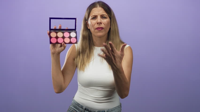 Woman holding a pink makeup palette and presenting it with an open palm gesture in a studio wearing a sleeveless white top and jeans; doubt decision.