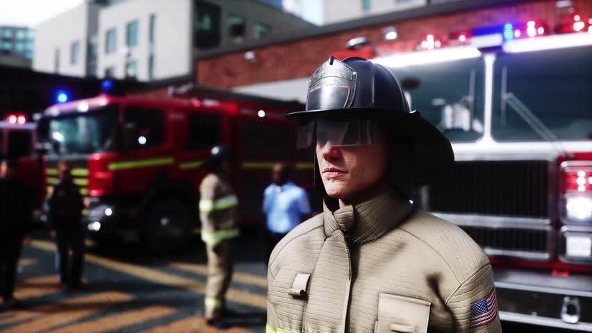 Fire station. A firefighter stands next to a fire engine. Fire trucks, their lights on, are ready to go. Realistic 4k animation.