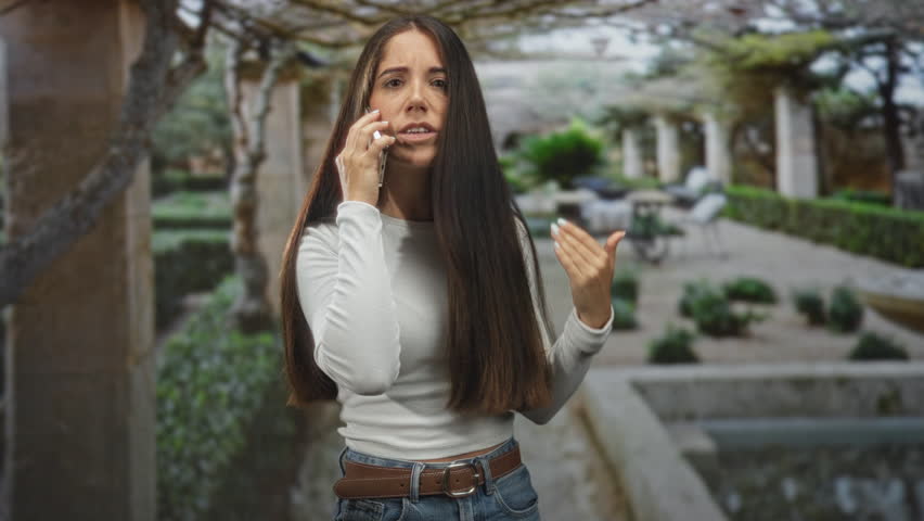Young woman talking on smartphone, holding phone to ear and gesturing hand in building courtyard with fountain and columns; frustration urgency.