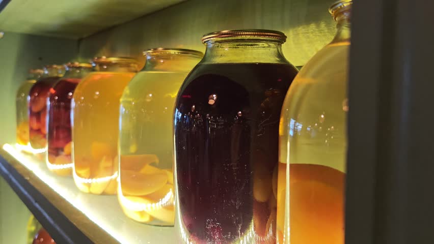 Colorful assortment of homemade preserved fruit in glass jars. Delicious sweet canning compote and juice standing on a wooden shelf