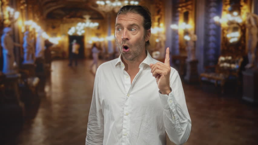 Man pointing finger to marble statue in grand ornate gallery room with sculpted columns and polished marble floor; curiosity.