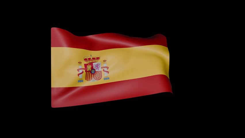 Flag of Spain waving on black background.