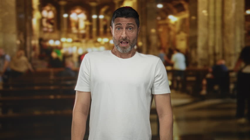 Man with mouth open shouting in catholic church interior, white t shirt and beard visible; anguish faith.