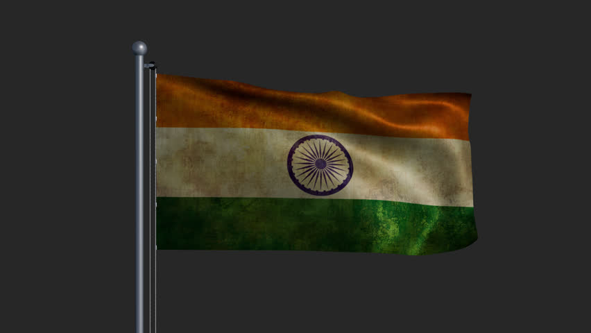 Weathered flag of India fluttering on a flagpole, on alpha channel. 3D Illustration