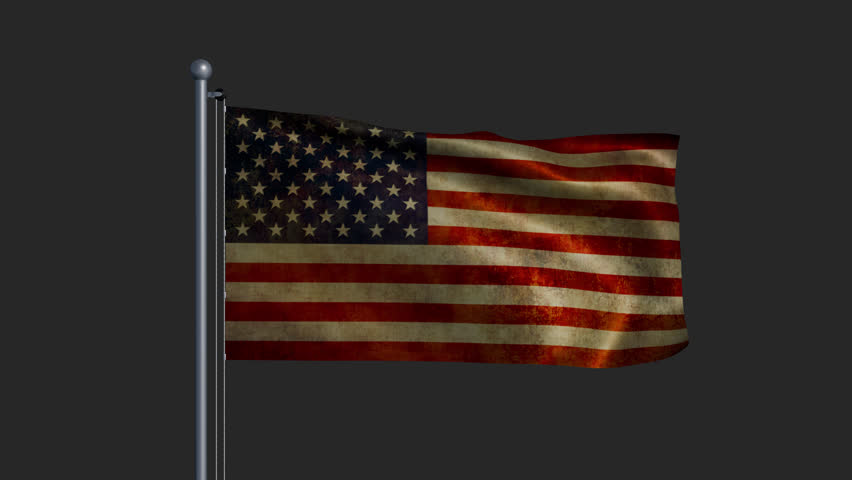 Weathered flag of the USA on a flagpole, fluttering on the alpha channel. 3D Illustration
