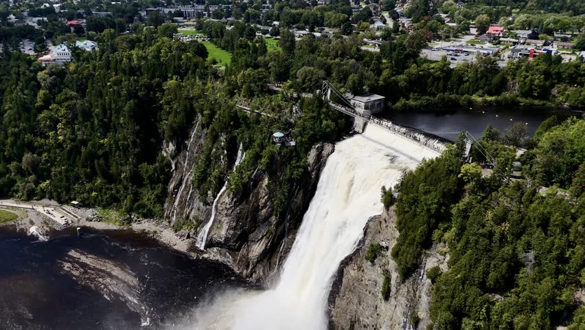 Drone flight above the Montmorency Falls, Quebec, Canada