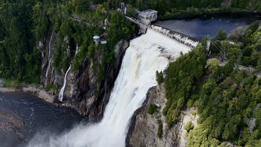 Drone flight above the Montmorency Falls, Quebec, Canada