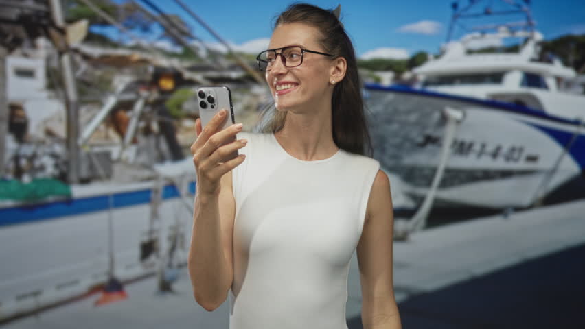 Woman holding smartphone to mouth on street beside boat at port, pursing lips and wearing glasses; joy connection.