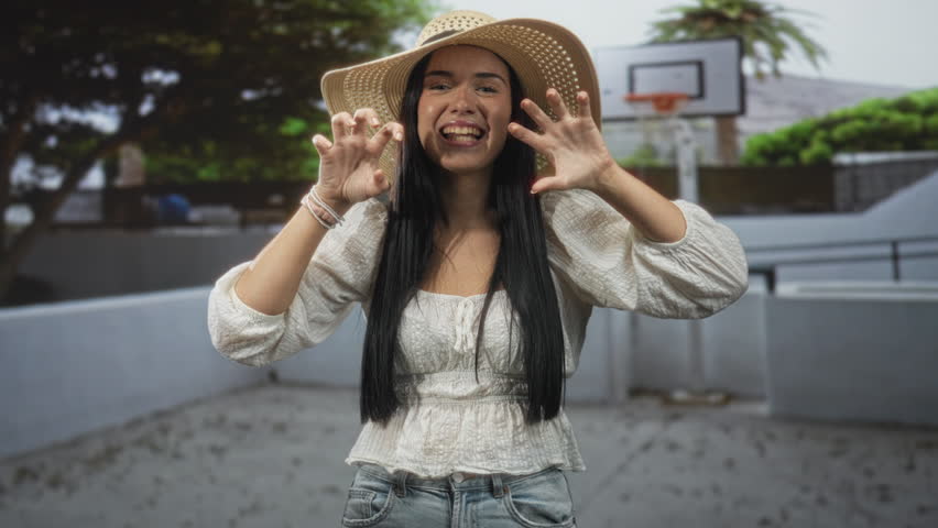 Woman in straw hat bares teeth and makes clawing hands gesture toward basketball hoop on outdoor court street; playful mischief.