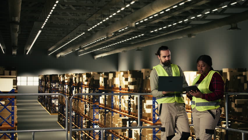 Industrial platform, employees in warehouse, monitoring cargo, parcel distribution, package handling for inventory management. Safety vests for operational order efficiency. Copy space.