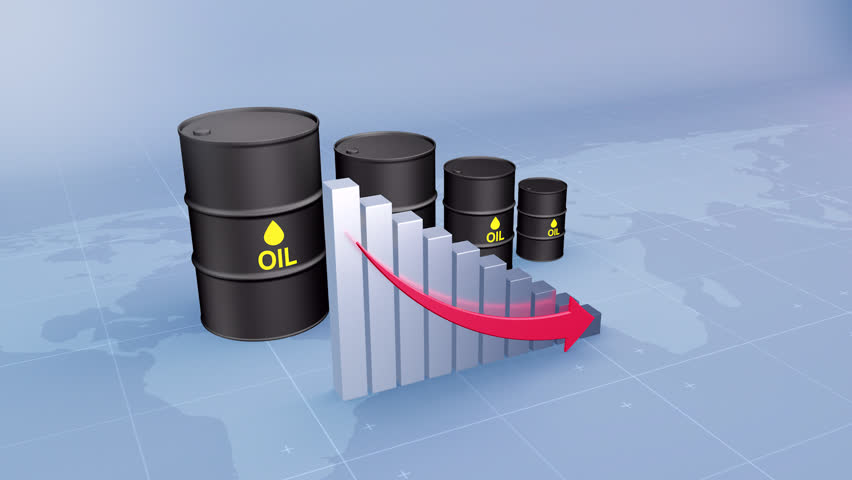 Oil Price Drop with Oil Barrels and Red Arrow, Economic Crisis Concept Oil Price Decreasing Animation