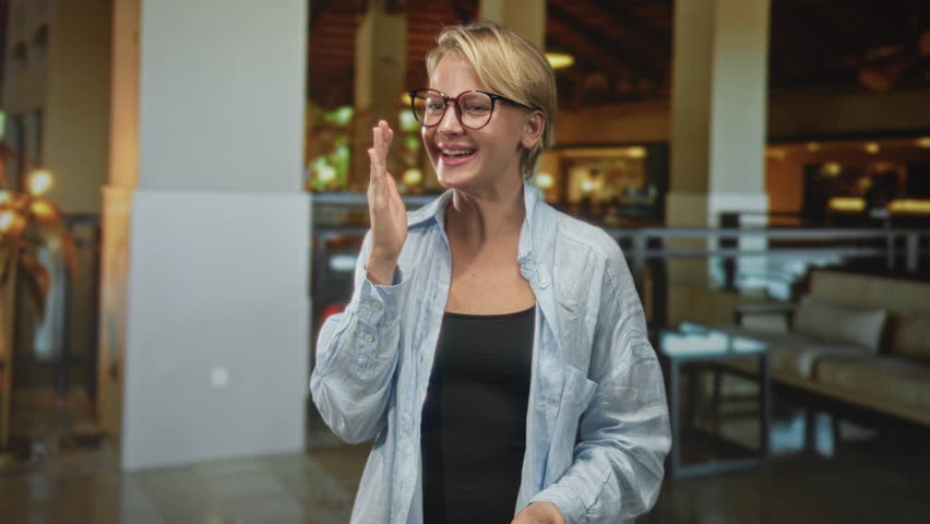 Blond woman with glasses, wearing a light shirt, with hand to mouth and hand on chest speaking to an unseen listener in a hotel lobby building; gratitude warm connection.