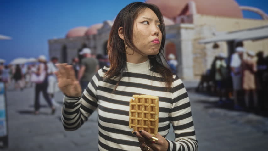 Woman in black and white striped top holding a waffle, pouting lips and crossed arms, looking sideways amid a crowded tourist street with domed building; disappointment.