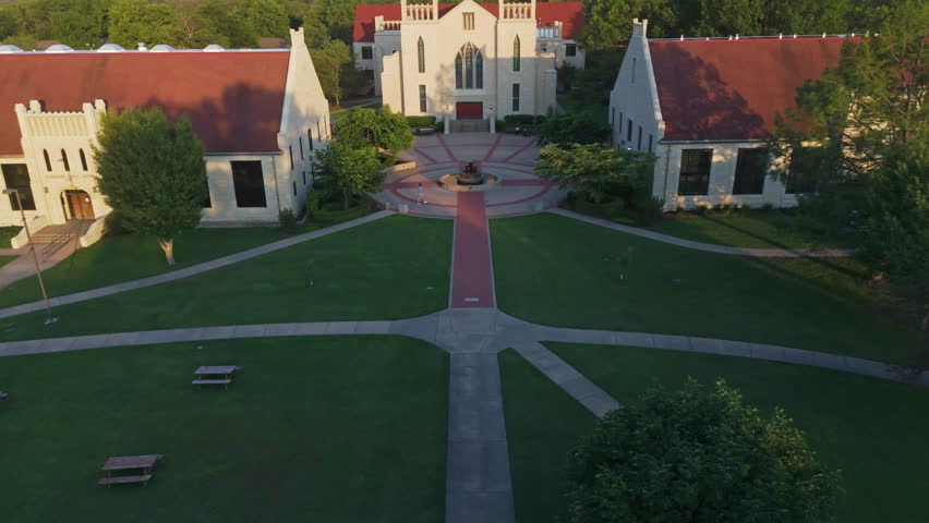 Aerial View Of Cathedral Of The Ozarks Between The East And West Windgate Visual Arts Hall At John Brown University In Siloam Springs, Arkansas, USA.