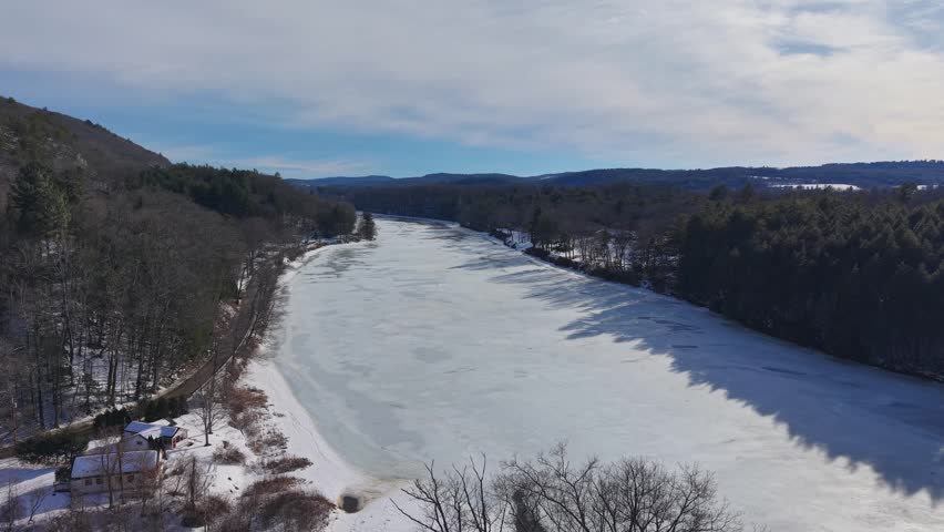 Winter aerial view featuring the Connecticut River in West Chesterfield, New Hampshire