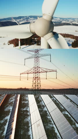Wind turbine blade, high voltage transmission towers and photovoltaic panels in cold season, vertical collage. Green investment and sustainable power theme.