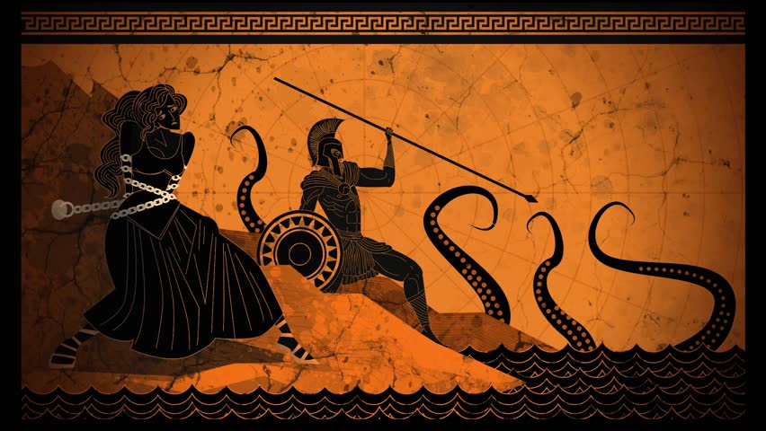 perseus fighting cetus mythology monster while andromeda chained to a rock