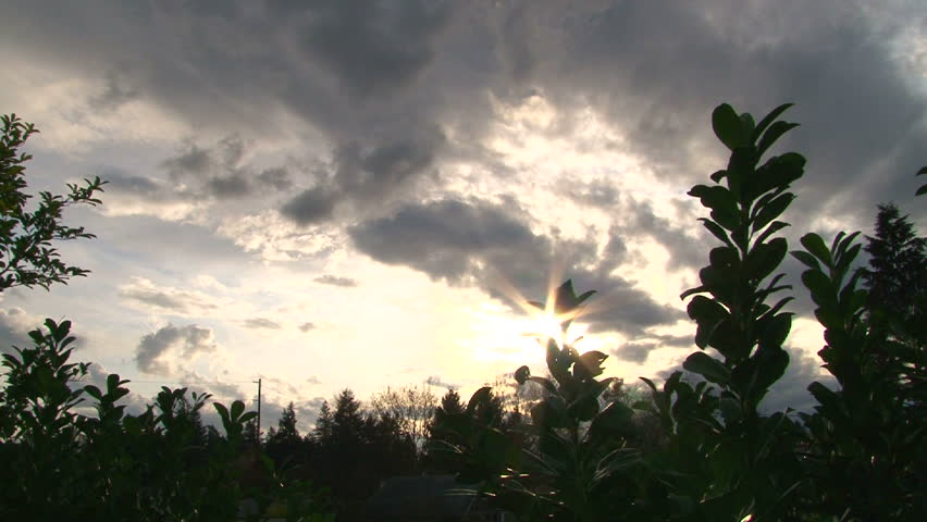 Time lapse during cloudy sunset over tree line in Portland neighborhood.