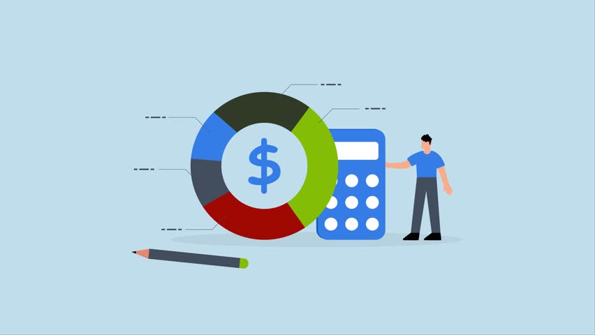 Cost structure, 4k animation of Businessman holding calculator showing a pie chart of costs.