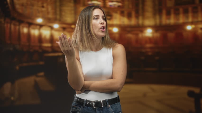 Woman showing open palm and touching mouth while crossing arms, wearing white sleeveless top and jeans in a theater building with warm lighting; thoughtful reflection.