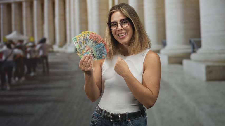Woman holding australian dollars fan and clenching fist while smirking in building; confidence success.