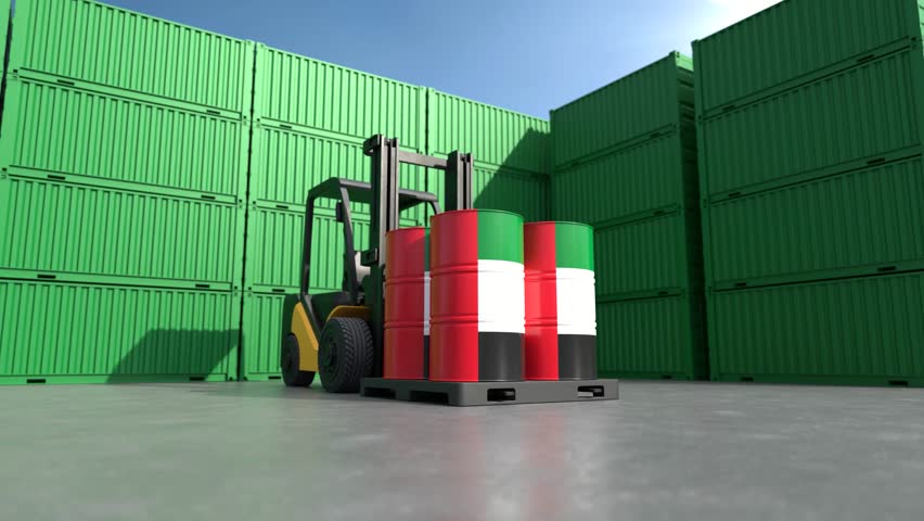 Oil trade and energy export from United Arab Emirates with cargo containers. 3D Render